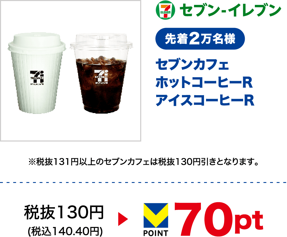 セブン-イレブン 先着2万名様 セブンカフェ ホットコーヒーR アイスコーヒーR 税抜130円(税込140.40円) 70pt