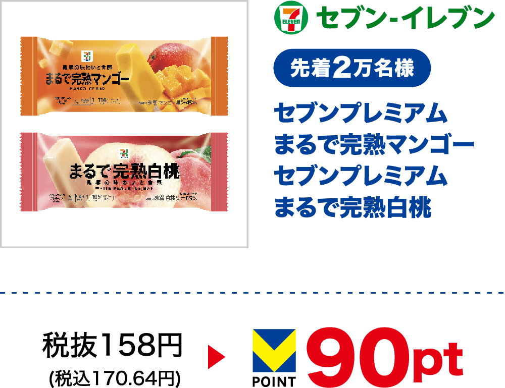セブン-イレブン 先着2万名様 セブンプレミアム まるで完熟マンゴー まるで完熟白桃 税抜158円(税込170.64円) 90pt