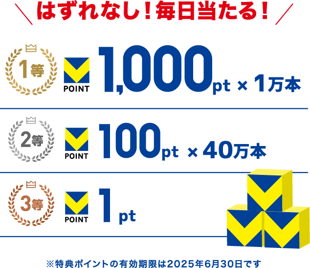 はずれなし!毎日当たる! 1等Vポイント1,000ポイント×1万本 2等Vポイント100ポイント×40万本 3等Vポイント1ポイント ※特典ポイントの有効期限は2025年6月30日です