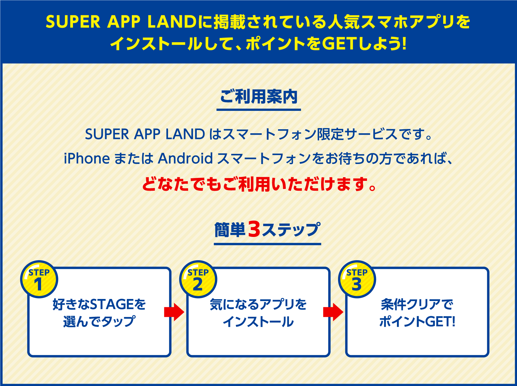 SUPER APP LANDに掲載されている人気スマホアプリをインストールして、ポイントをGETしよう！